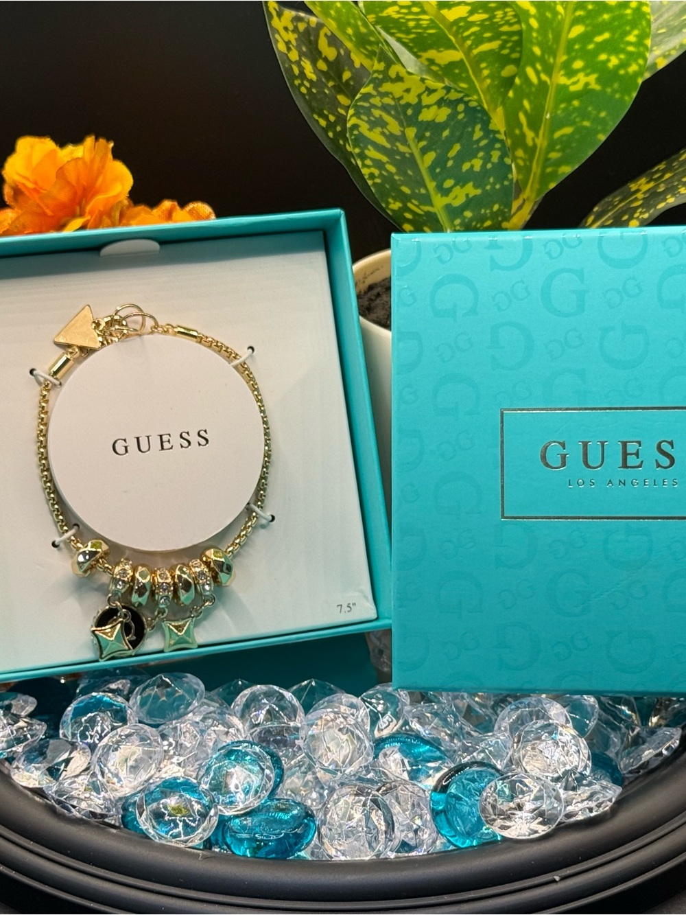 GUESS Gold Charm Bracelet with Heart and Star Accents